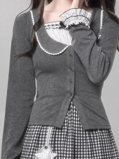 Kei Jirai Polka Knit Gray Fake Top Two-Piece Star with Brooch Dot