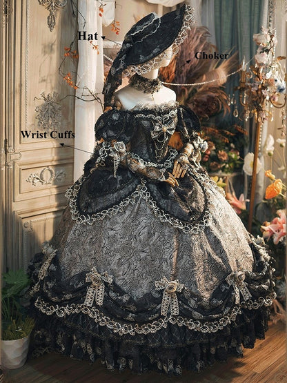 Lolita Gray Long Off-Shoulder Gown Lace Details with Ruffles Version Layered and Hime Hanayome Black Bow