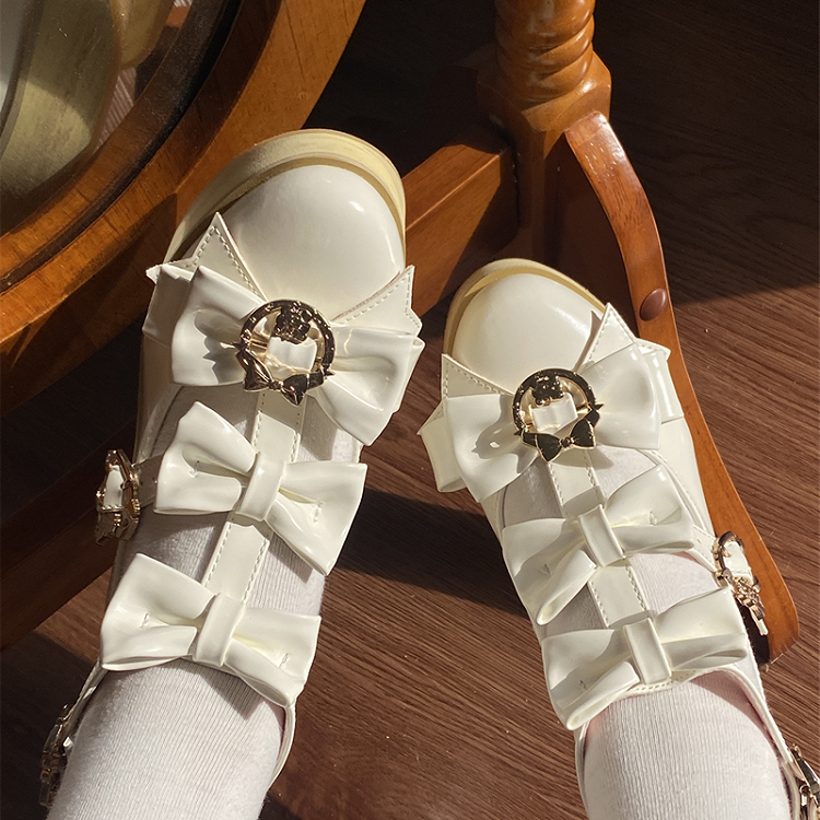 T-Bar Hime White Shoes Wood Grain Platform Kei Strap with Sole