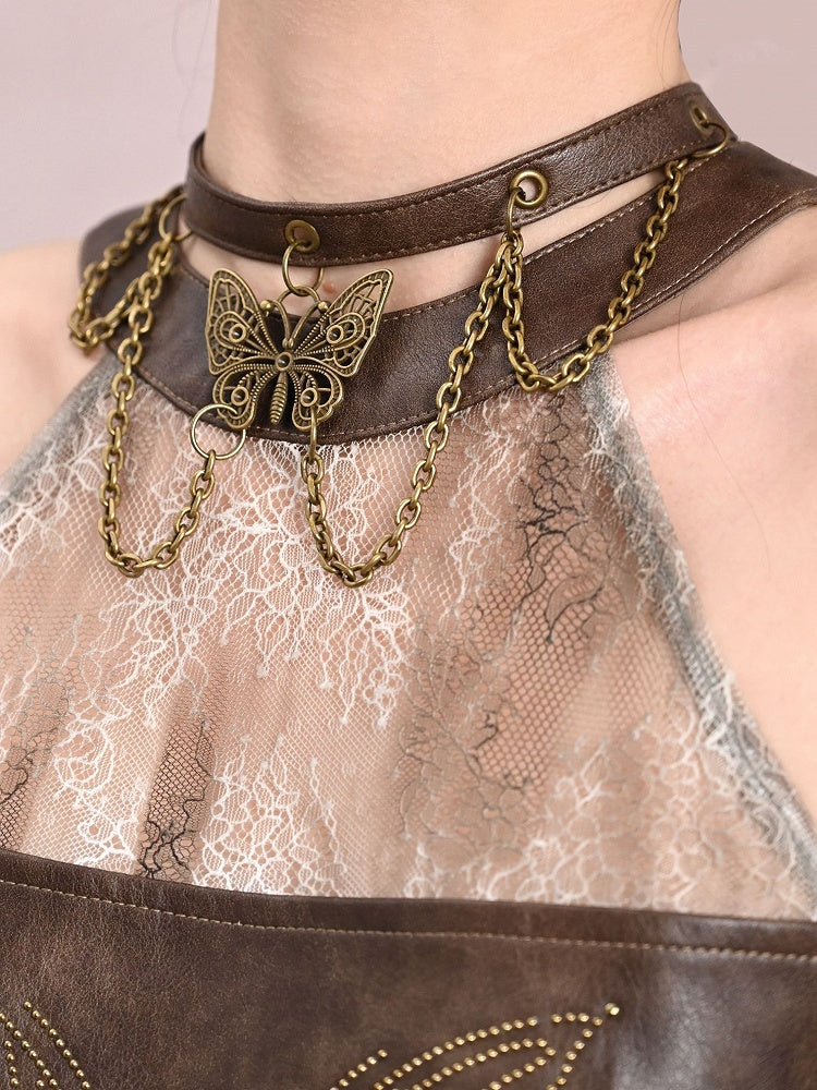 Choker PU Light Decorated Butterfly Chains Wasteland Punk Brown