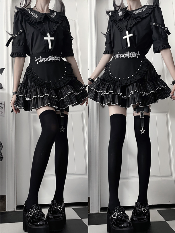 Collar Black Short Pan Buckle Gothic Blousewith StrapsRuffled Sleeve Peter
