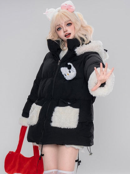 Rosa/schwarze Pufferjacke mit Kapuze und Plüschbündchen mit Kätzchen-Verzierung