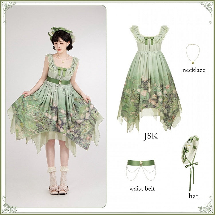 Saum JSK Set Malerei Taille Druck Taschentuch Lolita Rosen Grün Reich Öl