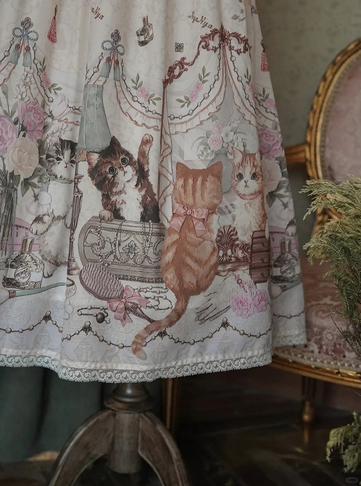 Beige Cat Print High Waist Sweet Lolita Jumper Skirt - NyaNya