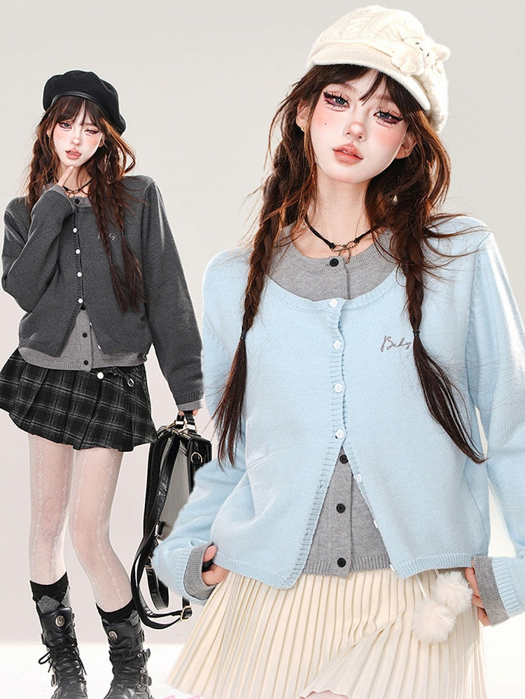 Blue/Dark Grey Fake Two-piece Cardigan