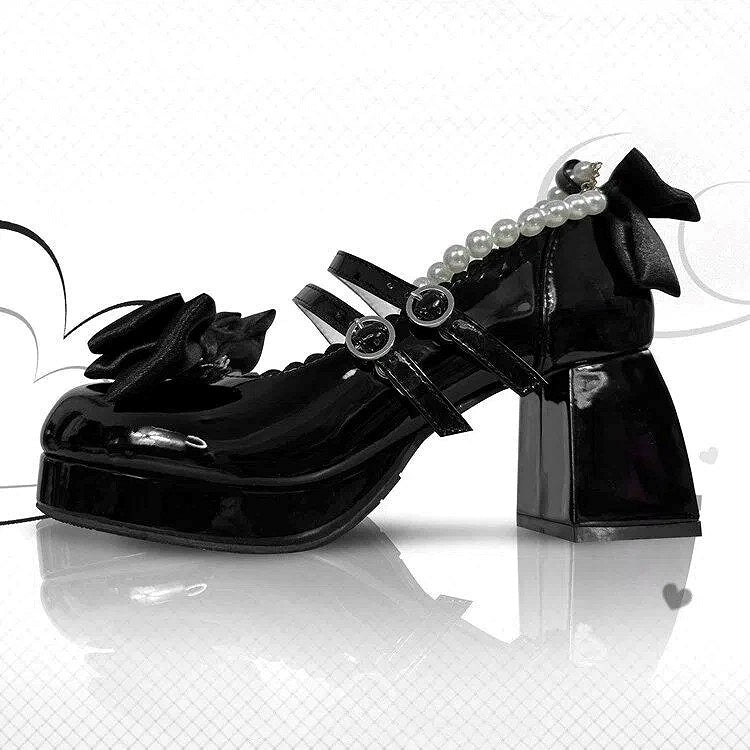Detachable Lolita Janes with Mary Sweet Heeled Ankle 6.5cm Accents Black Beaded