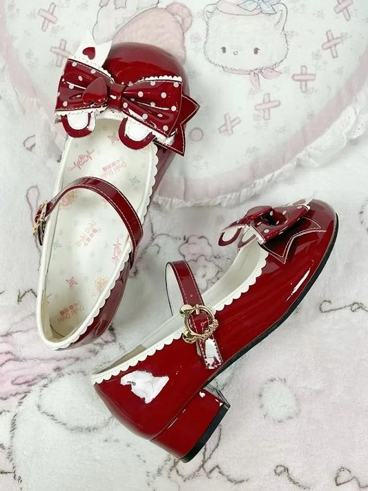 Buckle Red - Mary Low Lolita Polka-dot with Janes Sweet Ear PU Bear Bow Heel Teddy