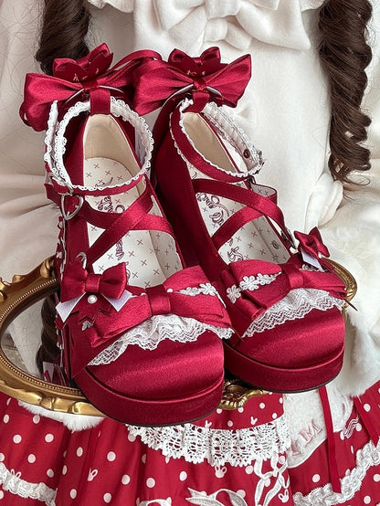 Bow Heel - Heart Satin with in High Janes Red Themed Accents Sakura Snap Block Mary