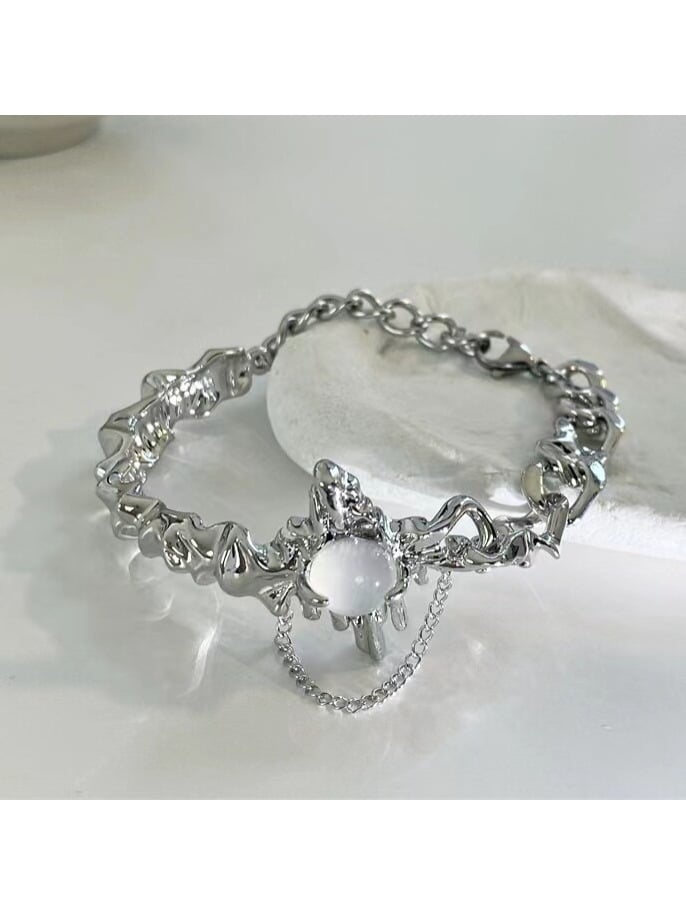 White Rhinestone Decoration Silver Bracelet - Kiwi Store