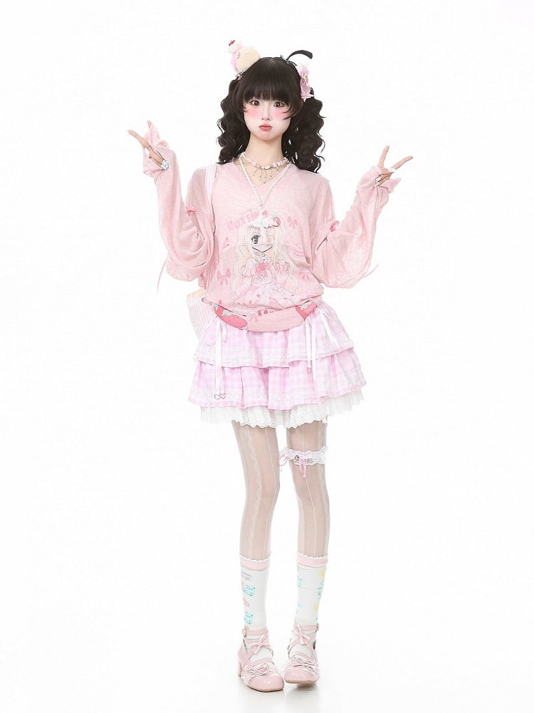 Pink Long Sleeve Sun Top with Girl Print & Ribbon Detail - Languid Park