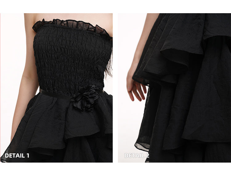 Schwarzes Ballkleid mit hoher Taille und Stufenrock aus Netzstoff