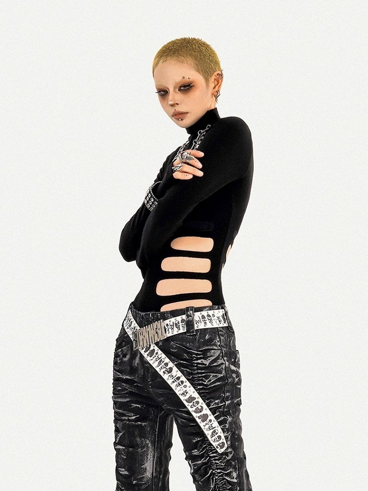 Cut-Out Design Black High Neck Minimalist Long Sleeve Top