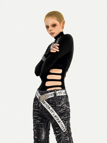 Cut-Out Design Black High Neck Minimalist Long Sleeve Top