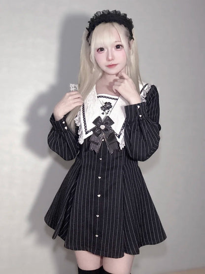Black Striped Sailor Collar Long-Sleeve Dress with Cherry Blossom Embroidery and Matching Shorts - Dream Core Waves