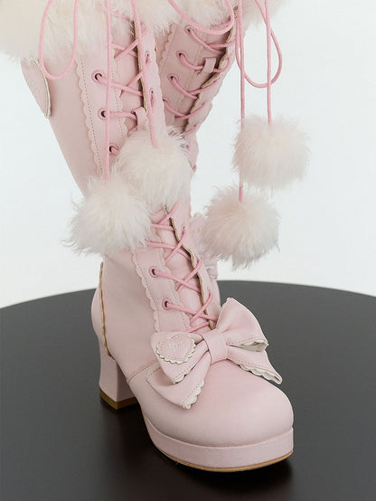 Plush PU Cuff Sweet Boots Bow Pink - with Lolita Accents Knee-High