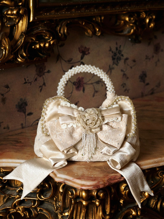 Cream Accent Satin with Bow Pearl Handbag Elegant Handle