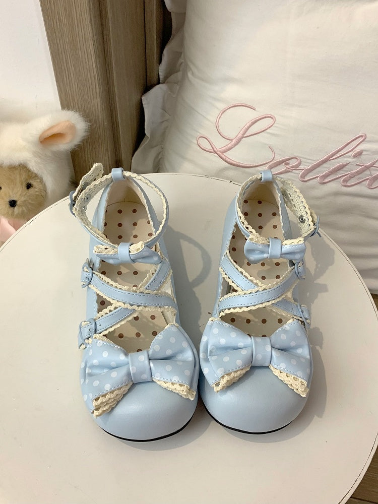Mary with Janes Snap Heart-shaped Blue Lolita Bow Closure Lace-trimmed Sweet