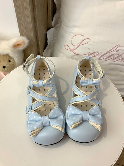 Mary with Janes Snap Heart-shaped Blue Lolita Bow Closure Lace-trimmed Sweet