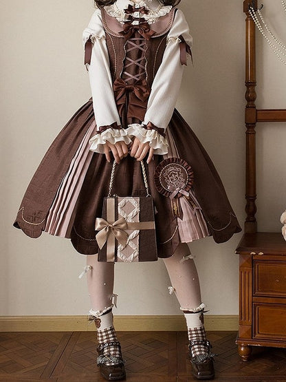 Scoop Scalloped with Dress Chocolate Lolita Edge Sweet Hem Neckline Brown