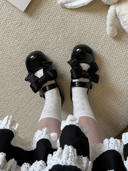 Closure Shoes Lolita PU Black Velcro Leather Bow Flat Accent Heart Sweet Strap in Decor