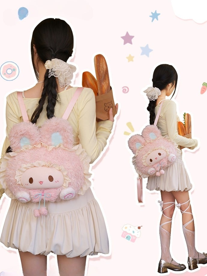 Backpack Plush Rabbit-shaped Trim Lace Pink