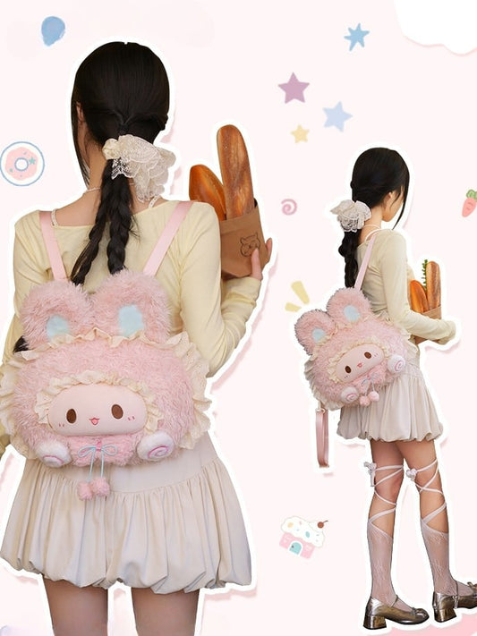 Backpack Plush Rabbit-shaped Trim Lace Pink