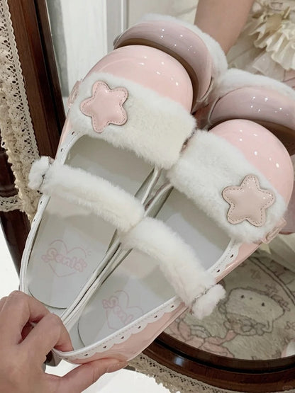 Accent Plush Star Sweet Button Flats White Strap Snap Pink - PU