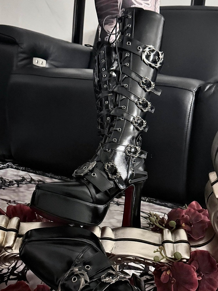 Pointed-Toe 11CM Stiletto Gothic Knight Boots in Polished Black - sphenoid