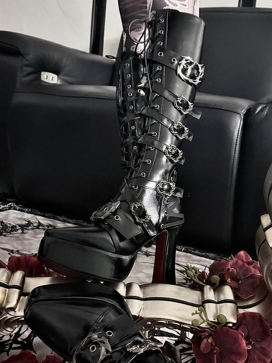 Pointed-Toe 11CM Stiletto Gothic Knight Boots in Polished Black - sphenoid