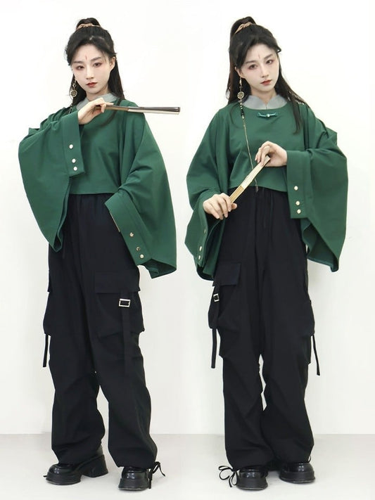 - Buttons Unisex Han Two-Piece Long Green Banded with Frog Lolita Sleeve Top Decorative Collar