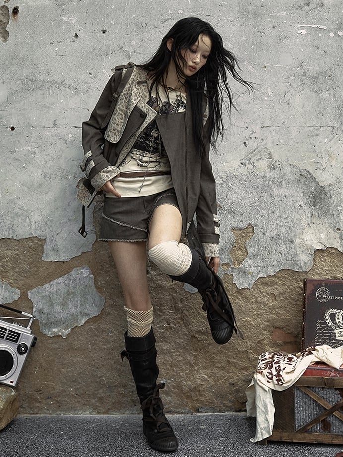 Braune und graue Punk-Streetwear-Leopardenjacke