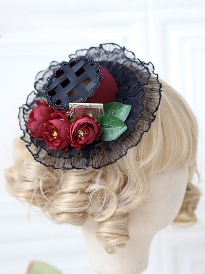Beige/Black Hat Accents with Flower Lolita Design Mini Woven