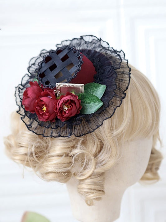 Beige/Black Hat Accents with Flower Lolita Design Mini Woven