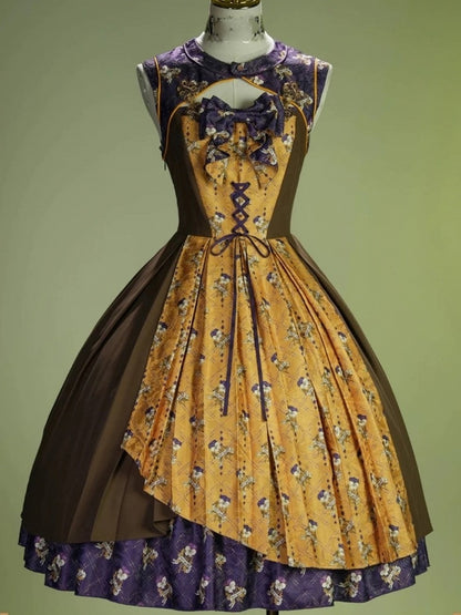 Yellow & Purple Retro Floral Print Lolita JSK Dress with Layered Skirt - Neoludwig