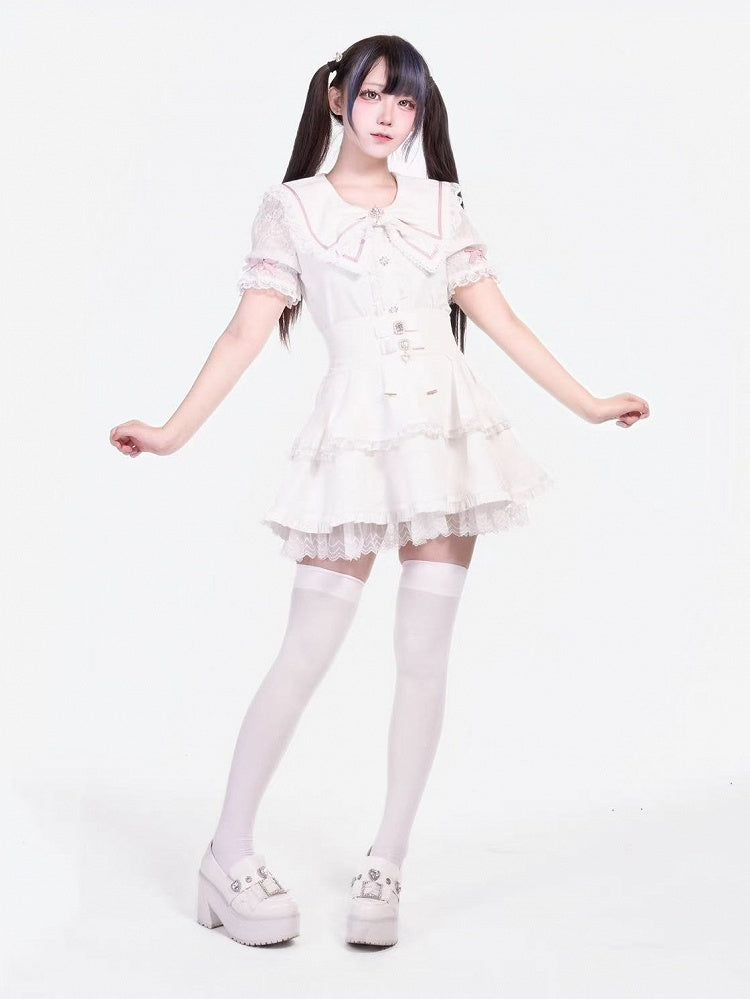 High Kei Design Bows Jirai Waist White Tiered Skirt with