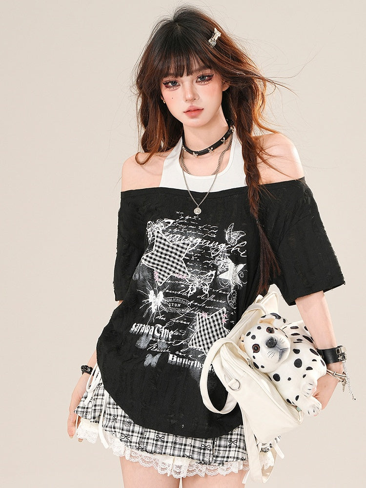 Star Pattern And Glamorous Black Letter Plaid Bittersweet