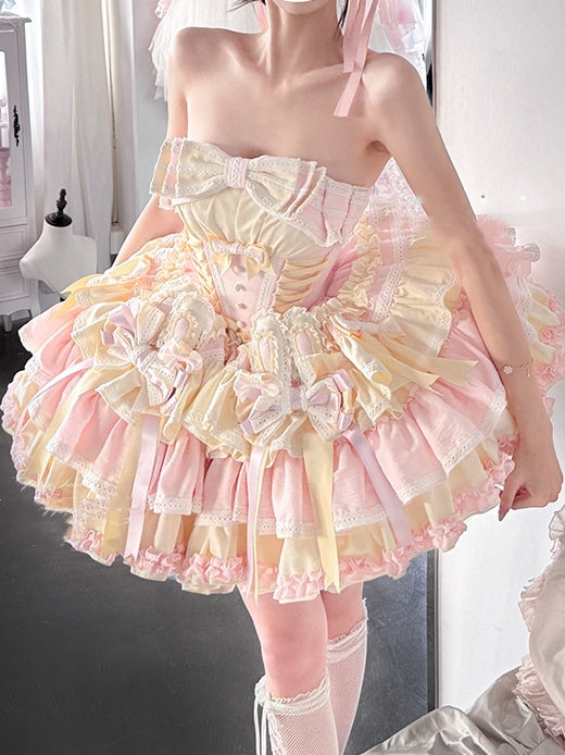 und Korsett mit Ohrenstäbchen, Schleife und Taille, rosa Rockkleid, bauschig, Hase auf süßem gelbem Design