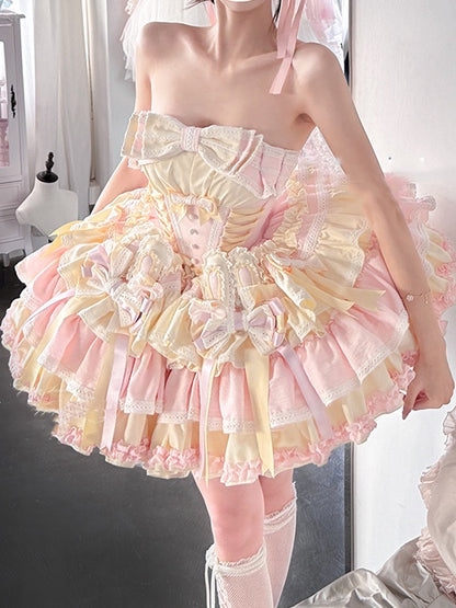 und Korsett mit Ohrenstäbchen, Schleife und Taille, rosa Rockkleid, bauschig, Hase auf süßem gelbem Design