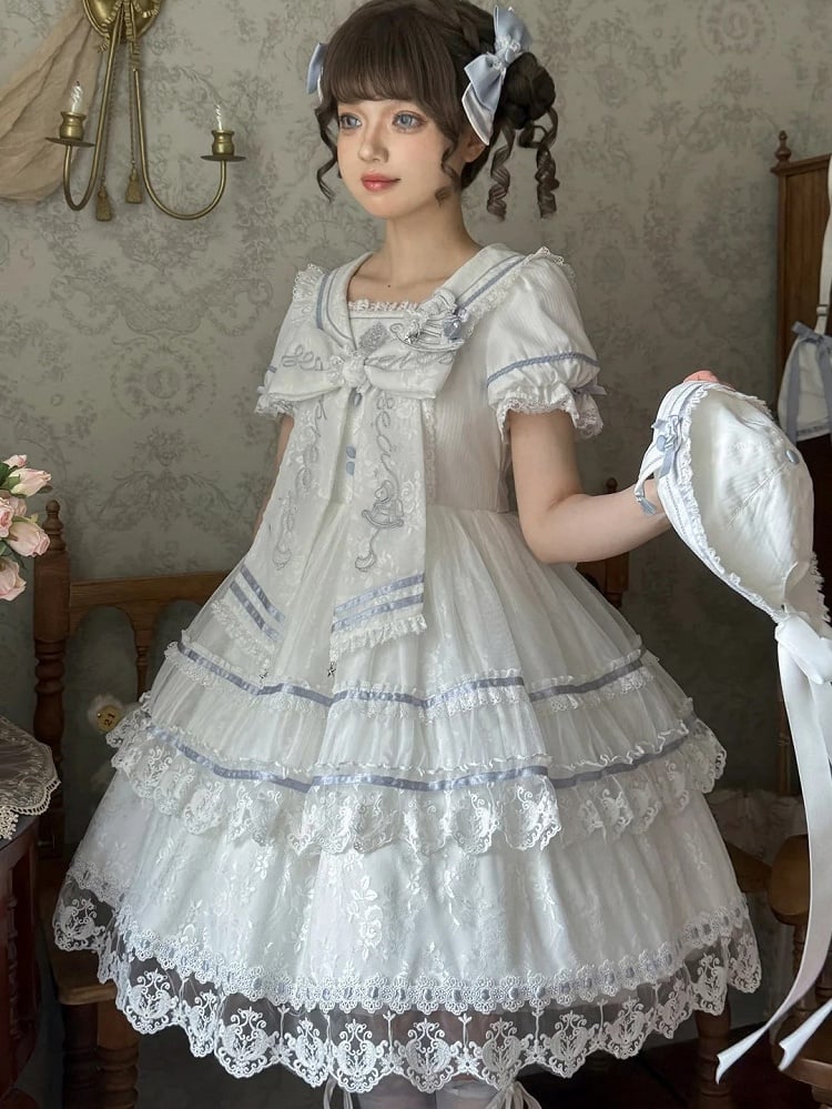 Ivory and Azure Lace Sailor Gown with Stitched Accents - Honey Machine
