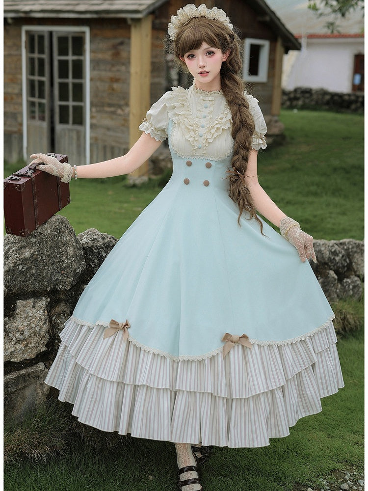 Graceful Long Dress in Beige and Blue with Scalloped Hem and Tiered Layers - With PUJI