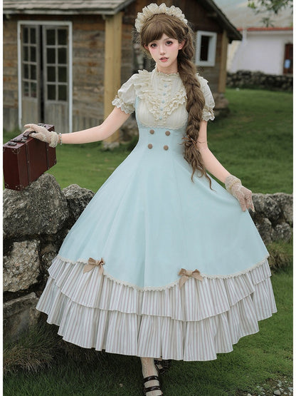 Graceful Long Dress in Beige and Blue with Scalloped Hem and Tiered Layers - With PUJI