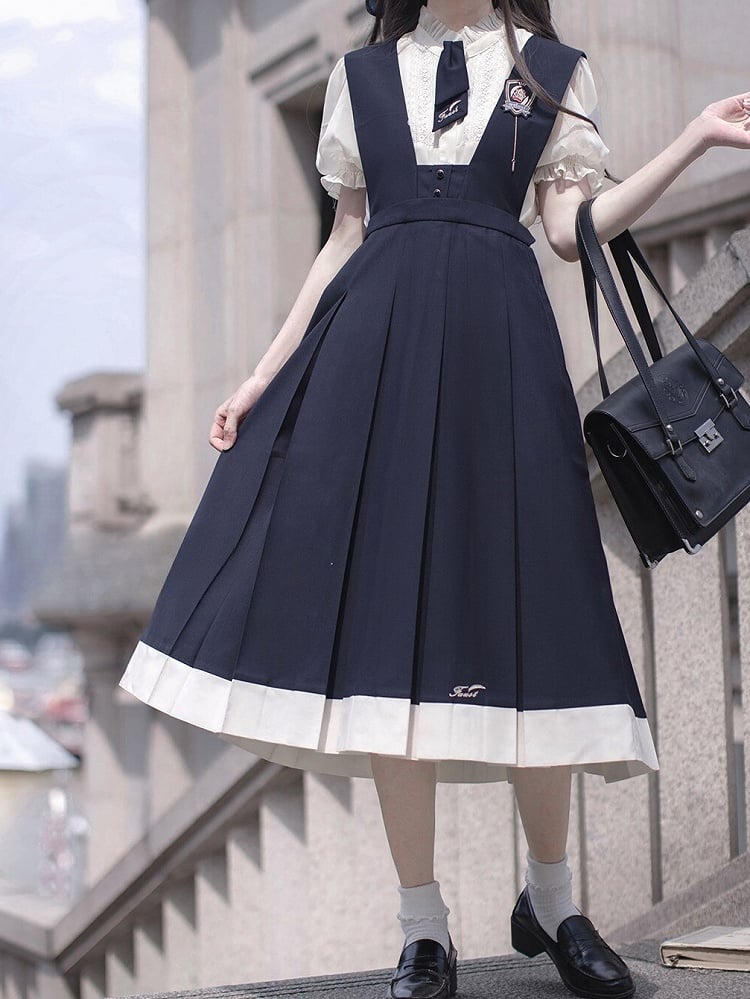 Overalls Box Stickerei Rock Blau Buchstaben mit Falte Dunkel