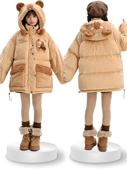 Khaki Cute Capybara Adorned Hooded Down Jacket Detachable Hood