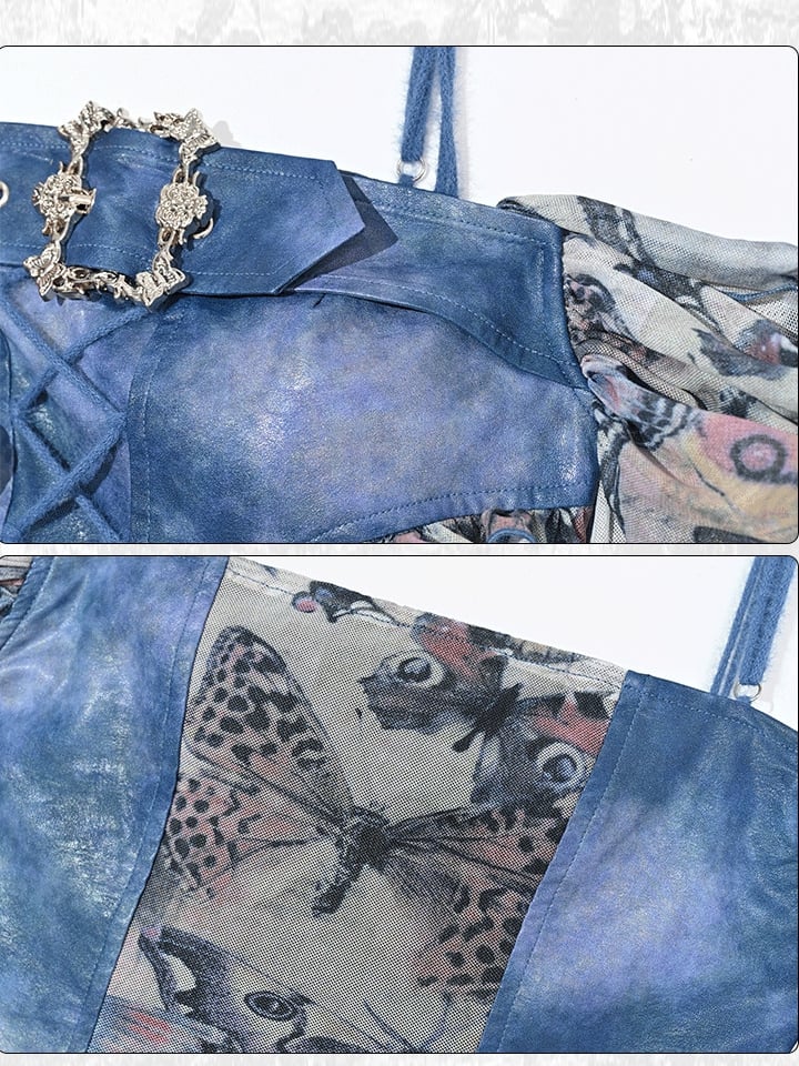 グランジ パンク ロック フェアリーコア ブルー バタフライ メッシュ パッチワーク トップ フラウンス ヘム