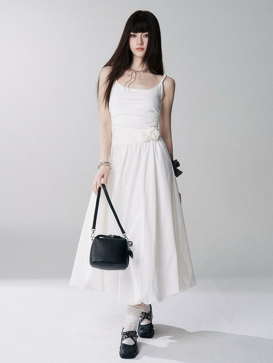 Spaghetti Strap Bubble Dress with 3D Roses in Beige - Lady Ghost