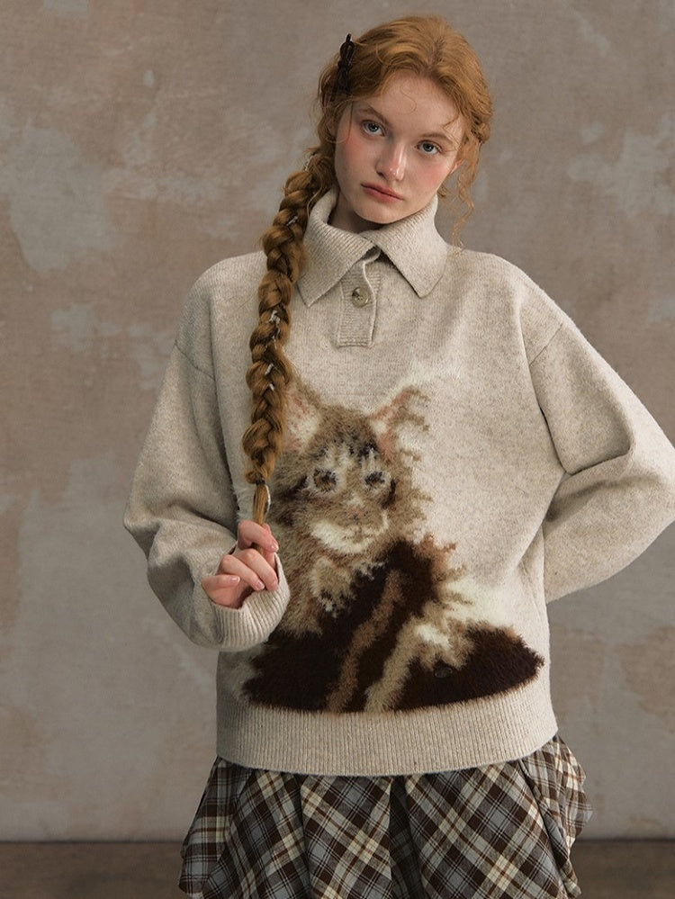 Beige/Brown Cozy Loose-Fit Pullover Sweater with Cat Design and Convertible Collar