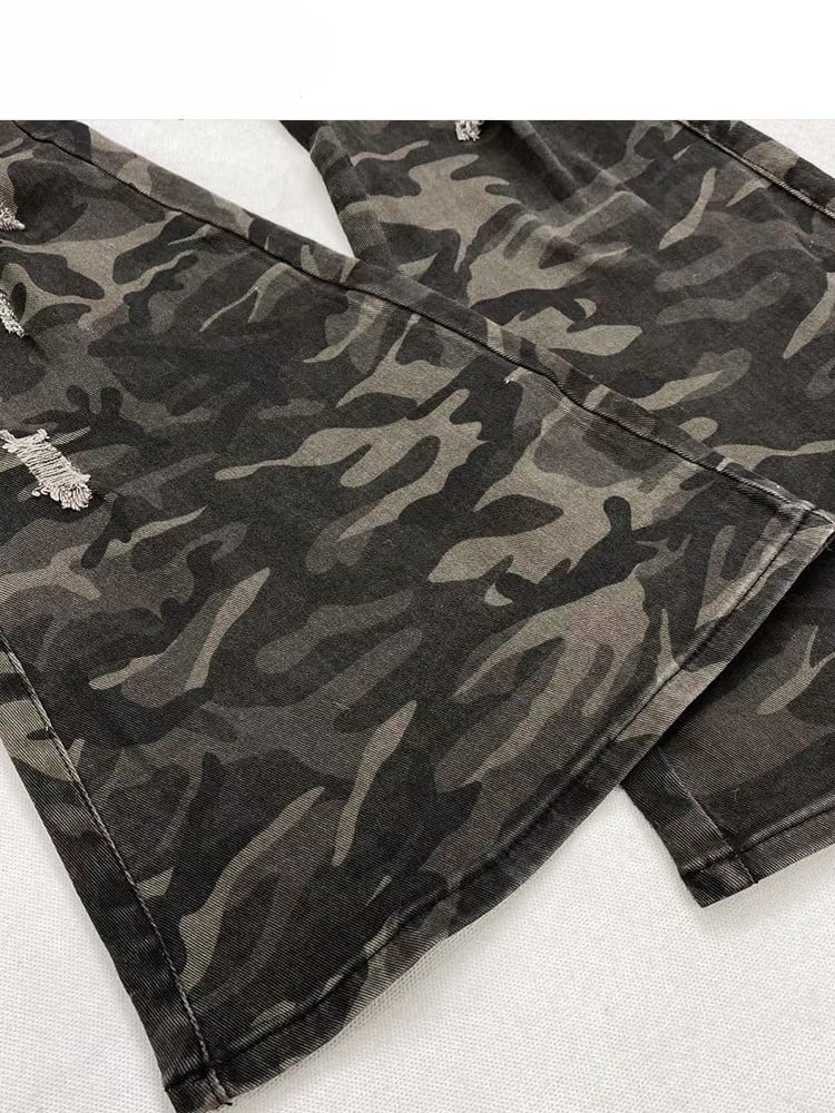 Holes Flare Jeans Camo Green Silhouette Details Pattern Distressed Army