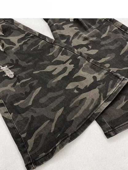 Holes Flare Jeans Camo Green Silhouette Details Pattern Distressed Army