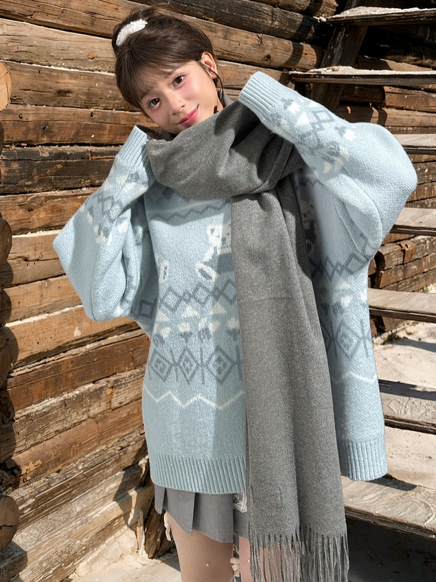 Blue Teddy Bears Pattern Round Neck Cozy Sweater