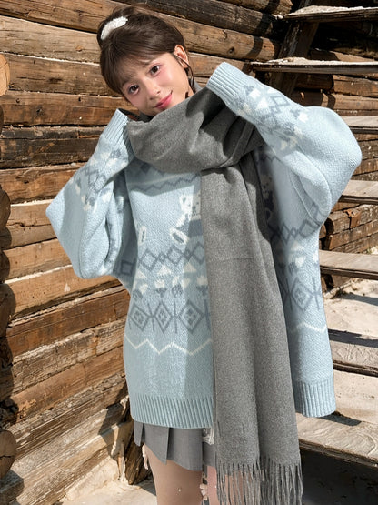 Blue Teddy Bears Pattern Round Neck Cozy Sweater